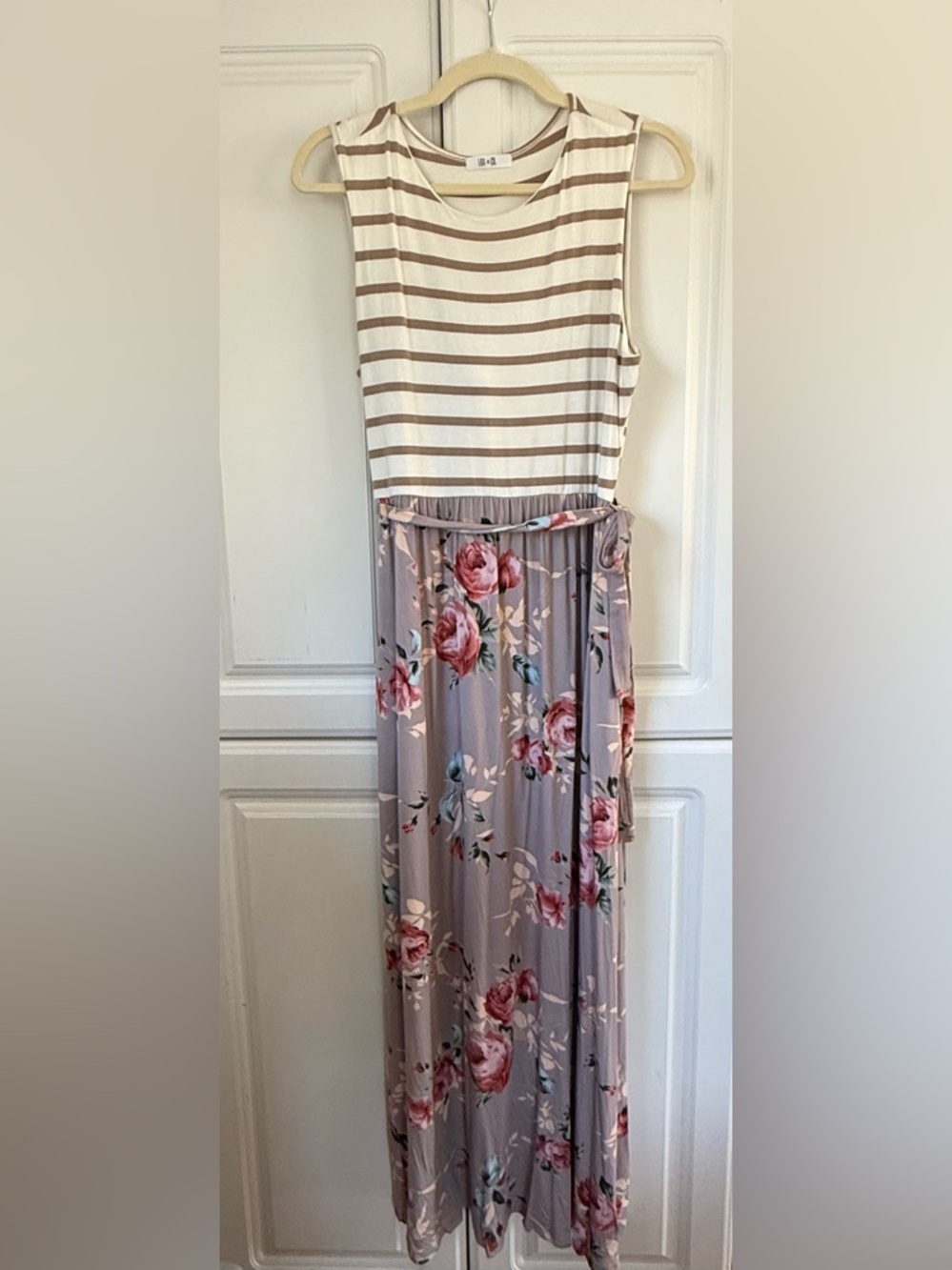 Stitch Fix Striped Top with Floral Maxi Skirt Dress - Taupe & Rose